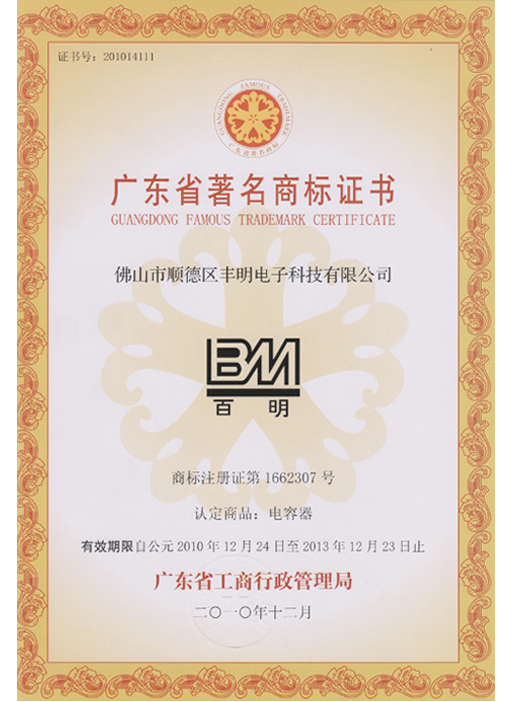 廣東省著名商標(biāo)證書